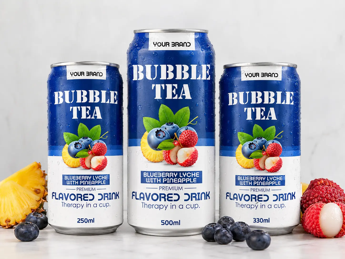 BUBBLE TEA Blueberry Lychee with Pineapple flavored drink shown in 250ml, 500ml, and 330ml cans.